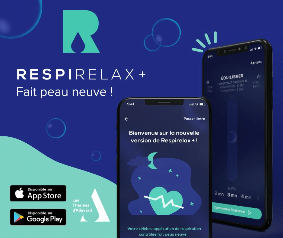 RESPIRELAX+ Application IOS : cohérence cardiaque, gestion du stress, disponible gratuitement. Appli développée par les Thermes d'Allevard