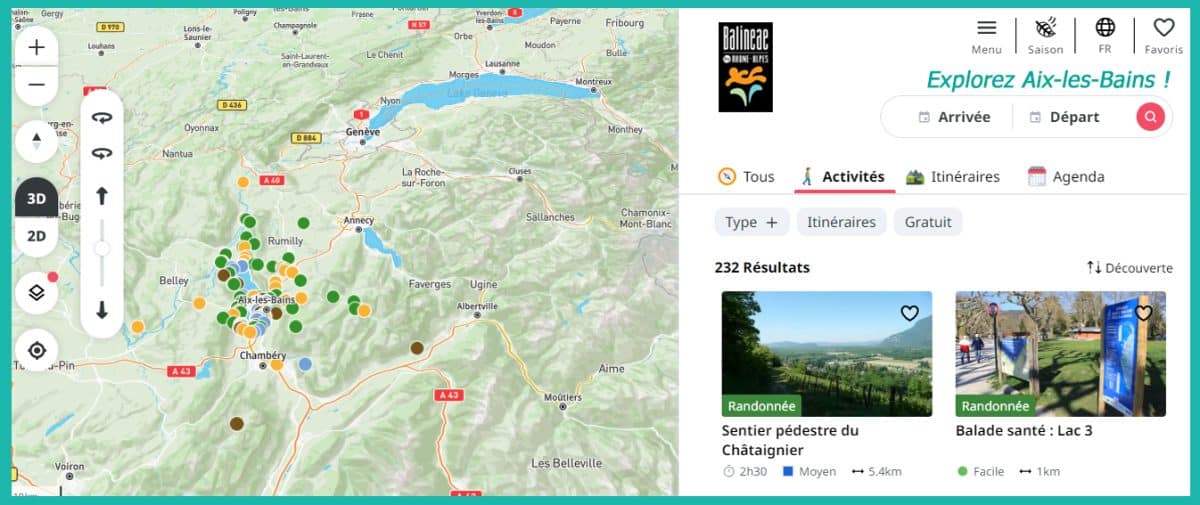 Explorez Aix-les-Bains et son territoire thermal et touristique. Découvrez les activités incontournables : balades, patrimoine, nature et bien-être. Composez votre propre sélection selon vos envies. Conservez-la facilement dans votre poche grâce à la carte dynamique. Une expérience pratique pour profiter d’Aix-les-Bains autrement.